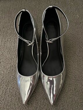 ASOS Metallic Silver Pointed Ankle-Strap Heels